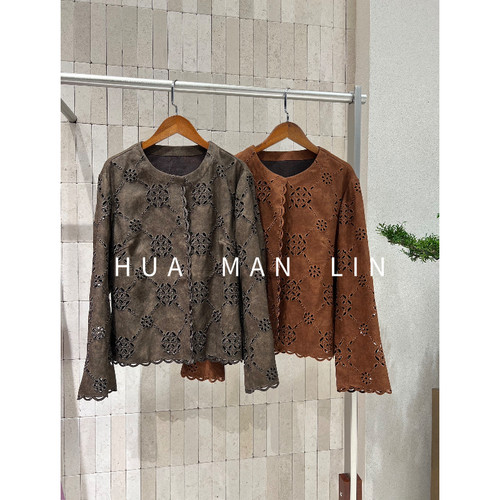 【花满林】两色圆领镂空波浪边下摆桑蚕丝外套65983