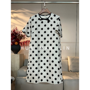 花滿林圆领后拉链蝴蝶结波点亚麻短袖 连衣裙25323