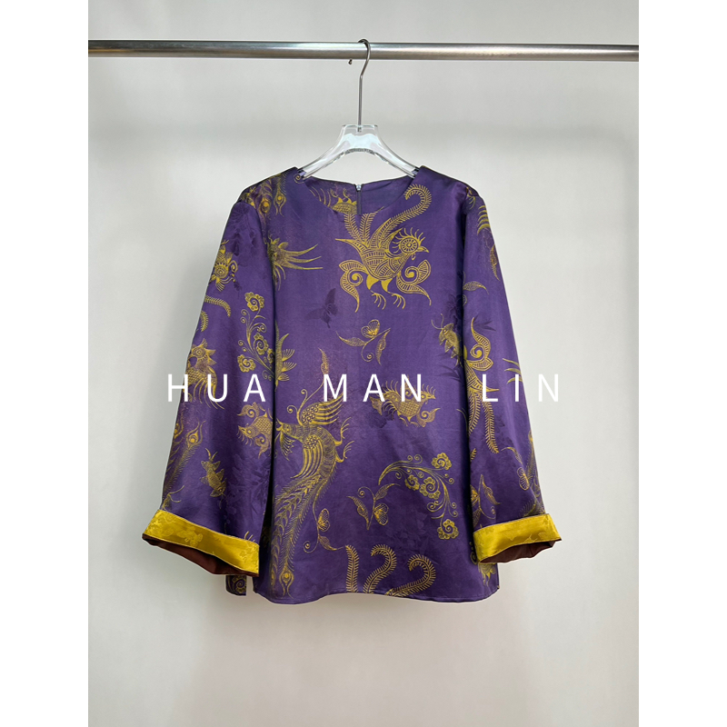 【花满林】圆领后拉链拼接袖香云纱桑蚕丝上衣258194