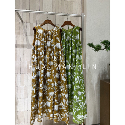 【花满林】两色圆领后拉链捏褶撞色花背心连衣裙83200