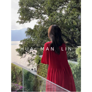 圆领打条捏褶30姆米桑蚕丝里衬双绉大摆连衣裙6121 花滿林