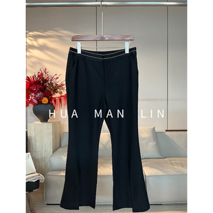 69118 松紧腰前开叉微喇八分裤 花滿林