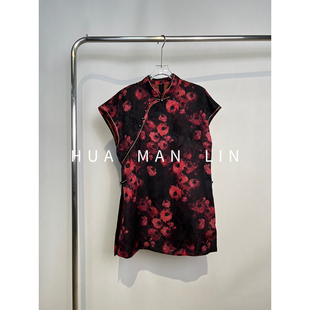 小立领斜门襟后拉链黑红花真丝桑蚕丝奥黛上衣259512 花满林