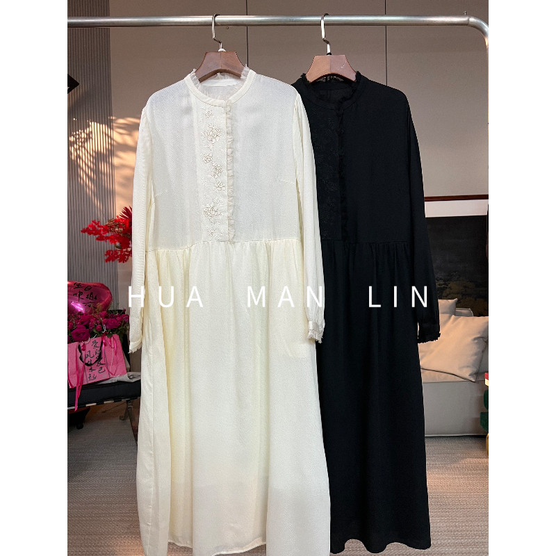 花滿林两色小立领拼接桑蚕丝门襟刺绣绵羊毛连衣裙25607