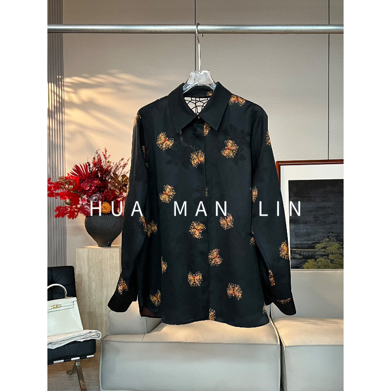 【花滿林】翻领后背镂空刺绣蝴蝶香云纱真丝桑蚕丝上衣261726