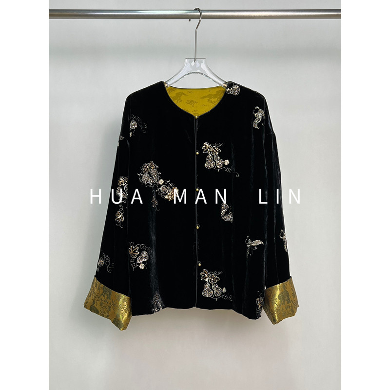 【花滿林】“黑金葫芦”撞色卷袖真丝桑蚕丝丝绒外套259829