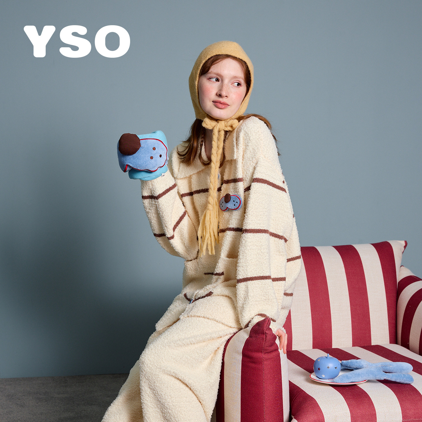 yso【酷猫系列】睡衣女冬季加厚慵懒风学院风半边绒家居服套装D