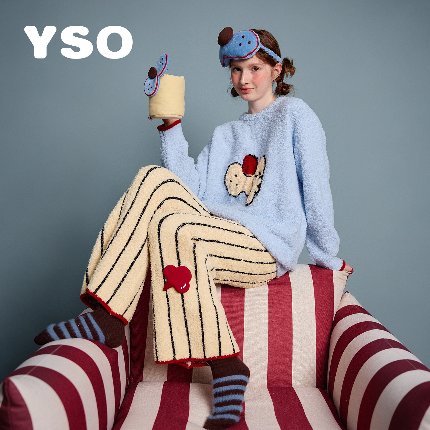 yso【酷猫系列】睡衣女秋冬新款半边绒卡通条纹长裤家居服套装D