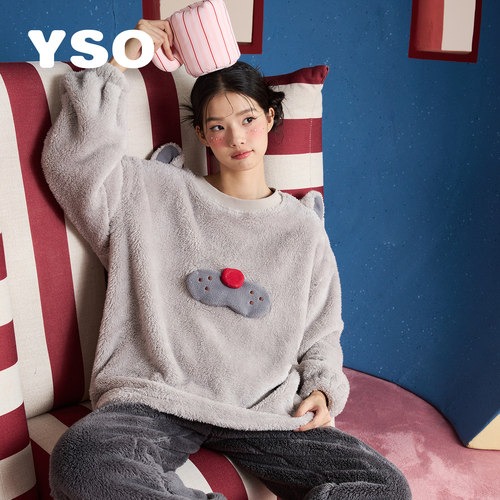 yso【酷猫系列】睡衣女新款秋冬珊瑚绒柔软可爱女款家居服可外穿D