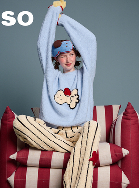 yso【酷猫系列】睡衣女秋冬新款半边绒卡通条纹长裤家居服套装D