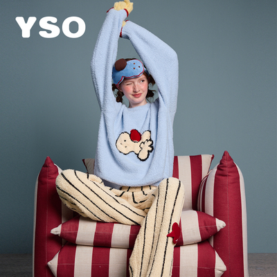 yso【酷猫系列】睡衣女秋冬新款半边绒卡通条纹长裤家居服套装D