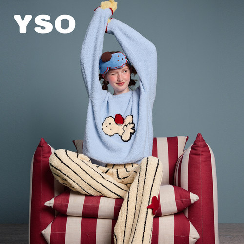 yso【酷猫系列】睡衣女秋冬新款半边绒卡通条纹长裤家居服套装D