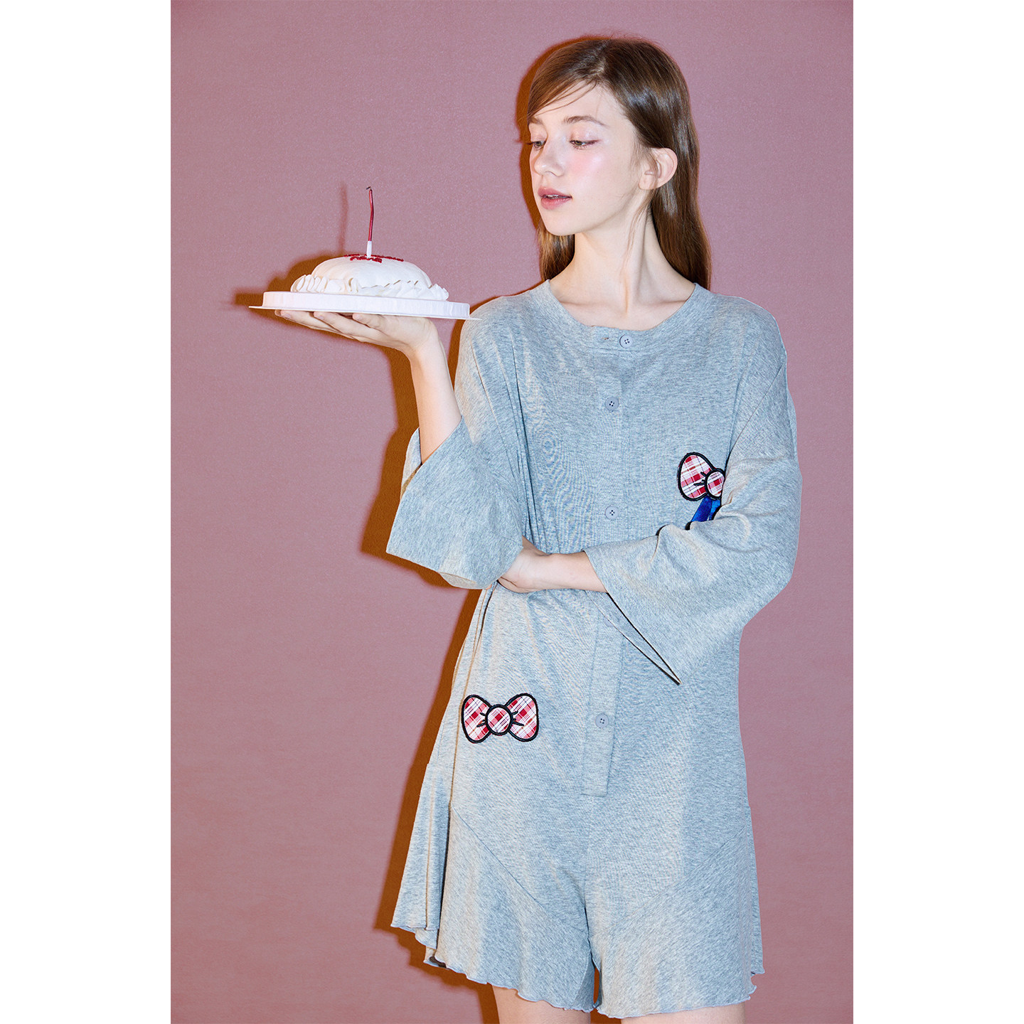 yso【礼物系列】睡衣女夏蝴蝶结灰色长袖连体甜美舒适家居服套装B