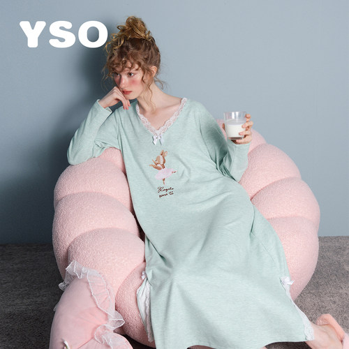 yso【礼物系列】睡衣女冬睡裙V领蝴蝶结芭蕾兔甜美可外穿家居服D