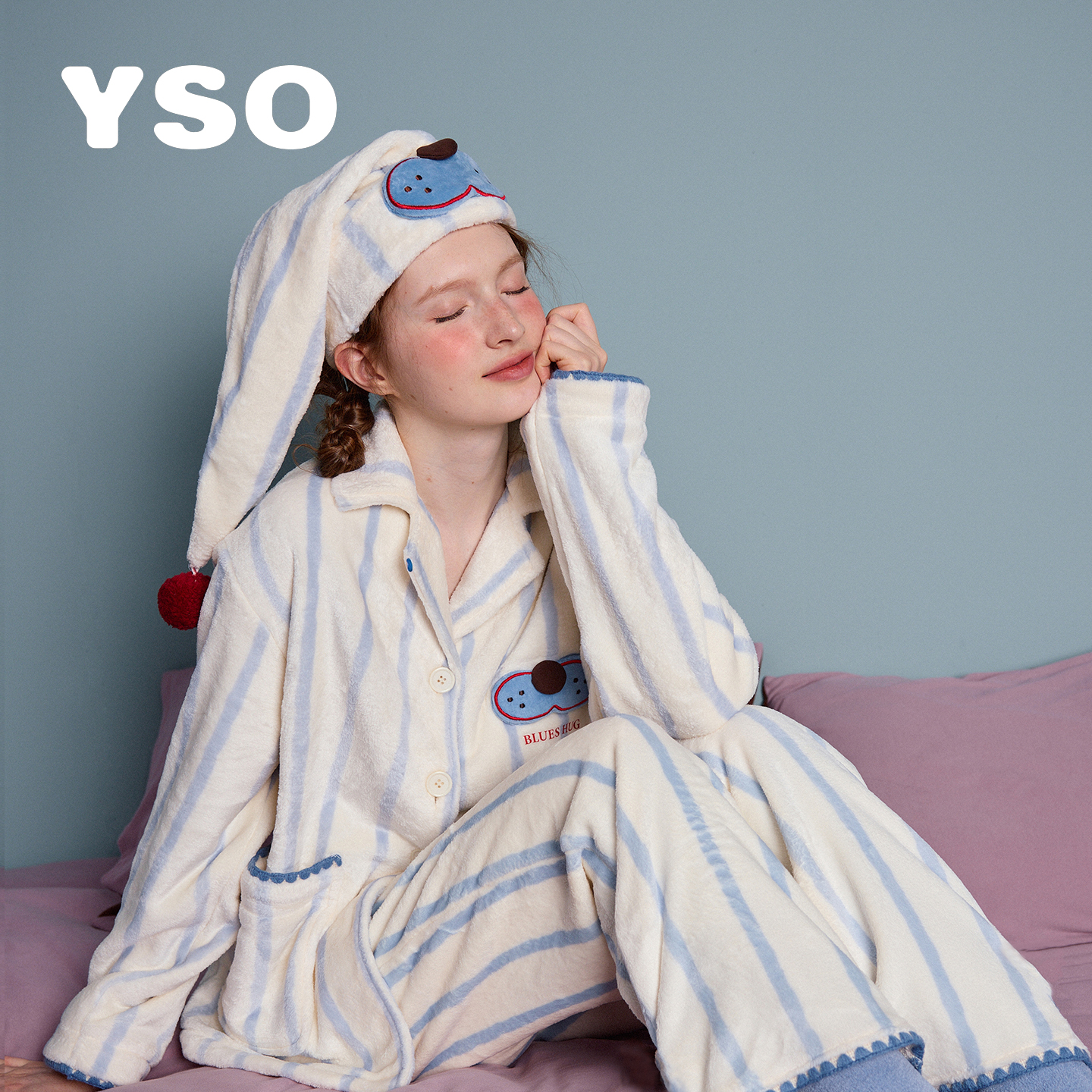 yso【酷猫系列】少女可爱珊瑚绒睡衣套装女冬季加厚保暖家居服D