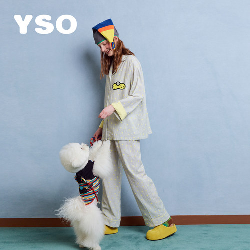 yso【酷猫系列】睡衣女26秋纯棉双层纱童趣舒适可外穿家居服套装C