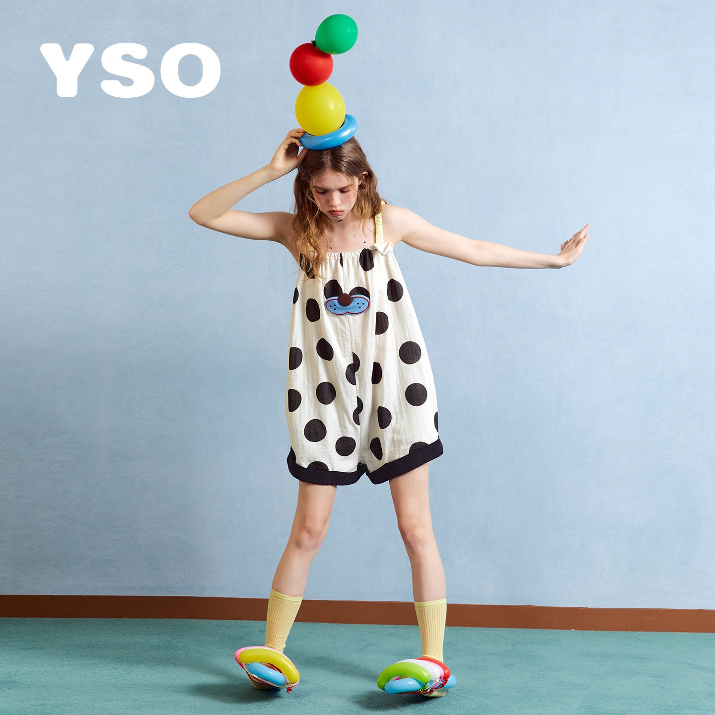 yso【酷猫系列】睡衣女连体夏季卡通波点吊带睡衣舒适家居服B