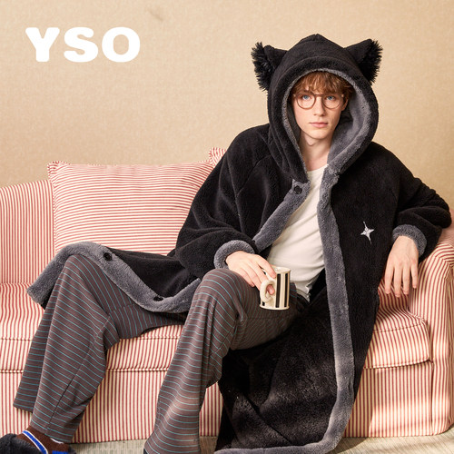 ysoyso【酷猫系列】睡袍男款秋冬加绒连帽卡通保暖休闲家居服