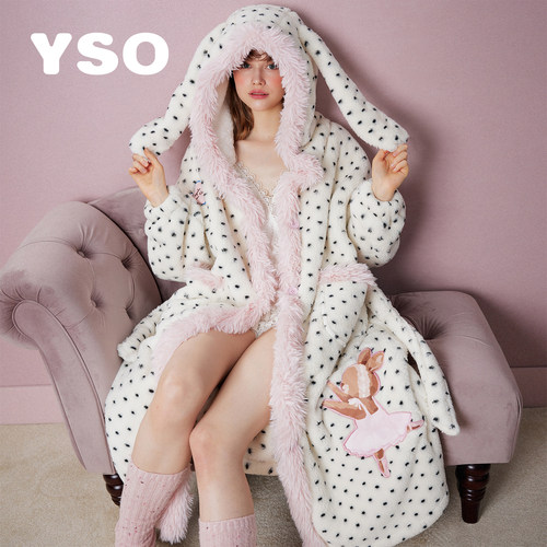 yso【礼物系列】睡衣女冬季加绒加厚睡袍波点兔耳可外穿家居服D