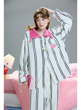 yso【酷猫系列】珊瑚绒睡衣女秋冬新款柔软法兰绒开衫套装冬季D