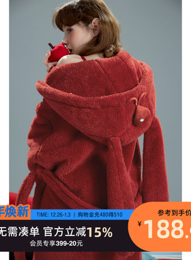 yso【红品系列】珊瑚绒睡袍女睡衣冬新年红过色年圣诞浴袍家居服D