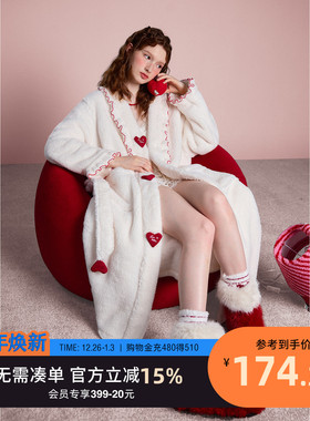 yso【红品系列】珊瑚绒睡衣女秋冬睡袍绒感红品爱心家居服晨袍D