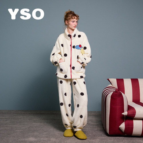 yso【酷猫系列】睡衣女冬款长毛绒套装波点童趣风可外穿家居服D
