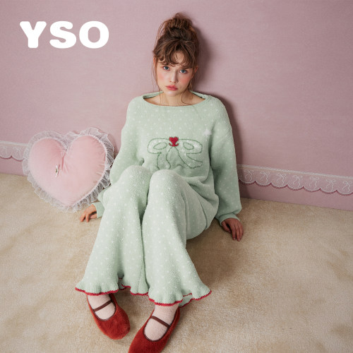 yso【礼物系列】睡衣女冬季半边绒蝴蝶结甜美风可外穿家居服套装D