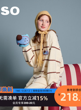 yso【酷猫系列】睡衣女冬季加厚慵懒风学院风半边绒家居服套装D