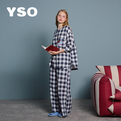 yso【酷猫系列】睡衣女春夏款复古格纹双层纱宽松文艺家居服套装A