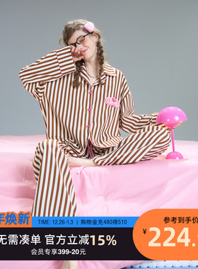 yso【酷猫系列】睡衣女春秋条纹衬衫长袖长裤休闲简约家居服套装C