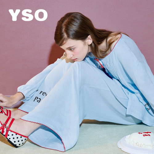 yso【礼物系列】睡衣女春夏新款双层纱水蓝色甜美可爱家居服套装A