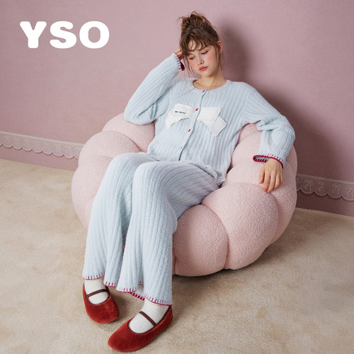 yso【礼物系列】睡衣女冬季半边绒蝴蝶结甜美可外穿家居服套装D