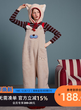 yso【酷猫系列】睡衣女秋冬新款背带裤卡通可爱保暖家居服连衣D