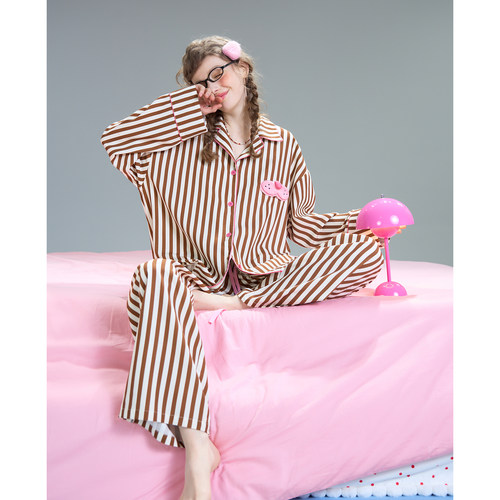 yso【酷猫系列】睡衣女春秋条纹衬衫长袖长裤休闲简约家居服套装C