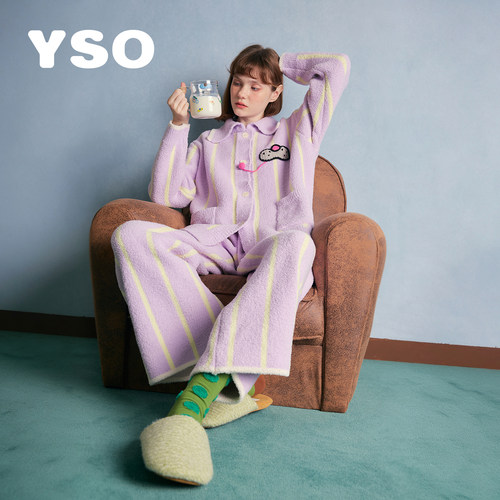 yso【酷猫系列】睡衣女冬季半边绒加厚保暖卡通两件套家居服套装D