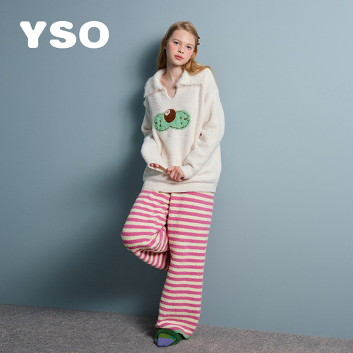 yso【酷猫系列】睡衣女冬款半边绒保暖v领套头两件套家居服套装D