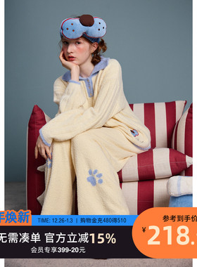 yso【酷猫系列】情侣睡衣女秋冬季新款半边绒翻领保暖家居服套装D