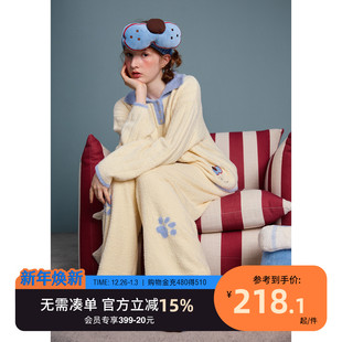 半边绒翻领保暖家居服套装 yso 新款 情侣睡衣女秋冬季 酷猫系列