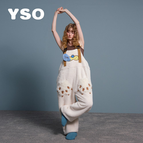 yso【酷猫系列】睡衣女冬款背带连体长毛绒保暖卡通家居服套装D