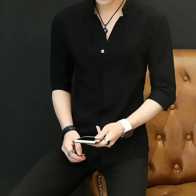 【下单立减一百】夏季中袖衬衫男士帅气立领薄款修身休闲男装衬衣