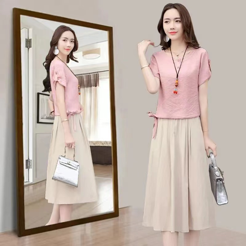 时尚休闲文艺两件套中长款裙子女