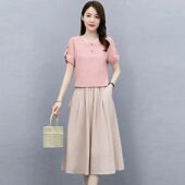 韩版 新款 气质减龄遮肚显瘦两件套裙子潮 女2025夏季 高档棉麻套装