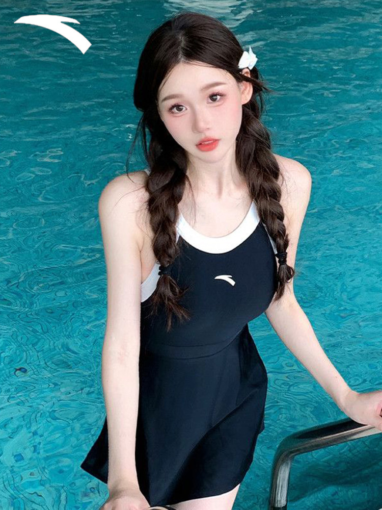 安踏泳衣女连体泡温泉2024新款吊带女孩小蛮腰显瘦大码保守游泳装
