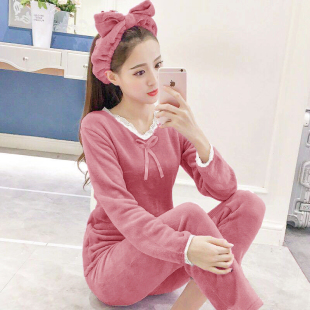 家居服 200斤加肥珊瑚绒睡衣女冬加绒蓝色蕾丝花边法兰绒修身