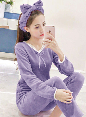 80-200斤微胖珊瑚绒睡衣女冬加绒加厚蓝色蕾丝花边v领修身家居服