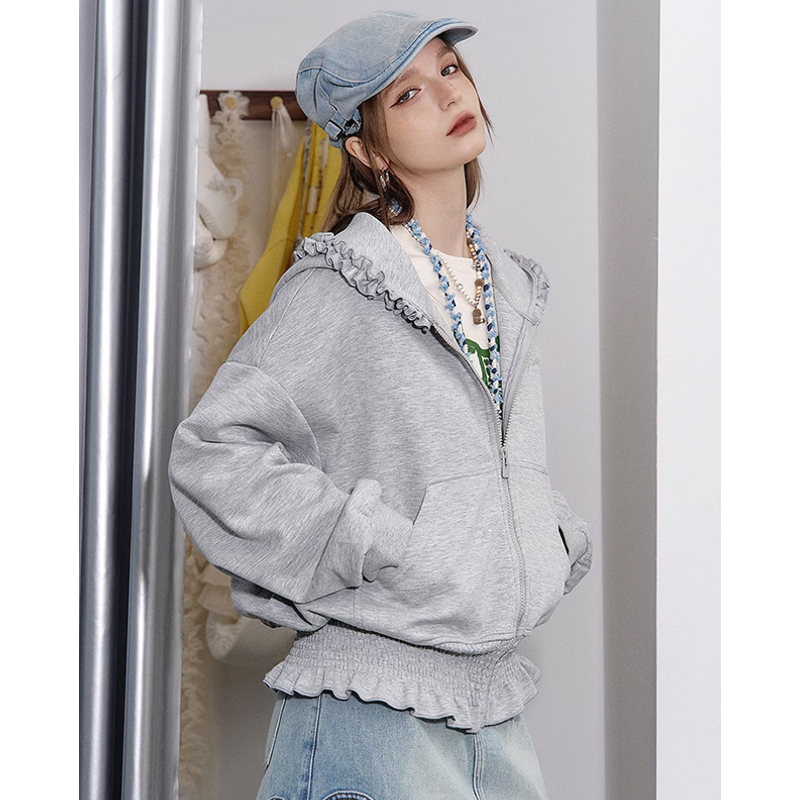 妖精的灰色刺绣撒银连帽卫衣外套女2025年早春穿搭新款慵懒风