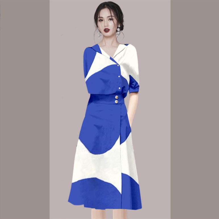 时尚欧美印花连衣裙女2023夏季新款气质收腰衬衣A字半裙套装洋气