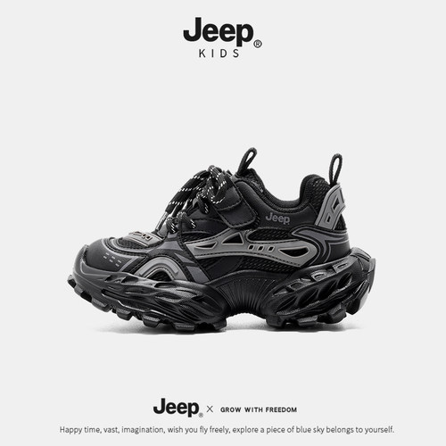 Jeep儿童鞋子2026新款黑色透气男童老爹鞋秋季休闲跑步女童运动鞋