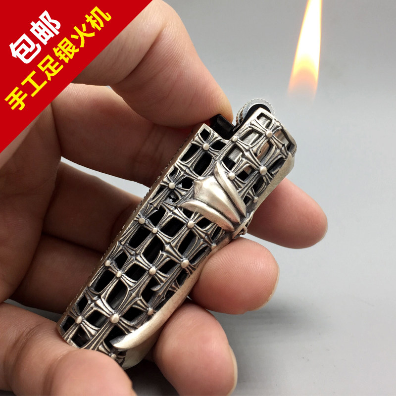 足银充气打火机十字花十字架男士纯银个性创意可充气体机循环耐用